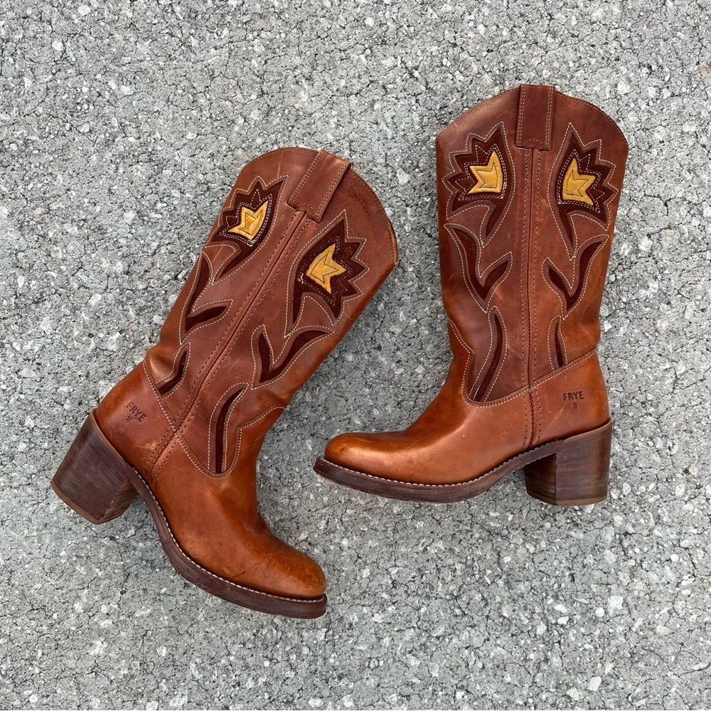 Vintage Frye Sabrina Floral Inlay Leather Boho Pull On Campus Boots Western - Picture 10 of 10